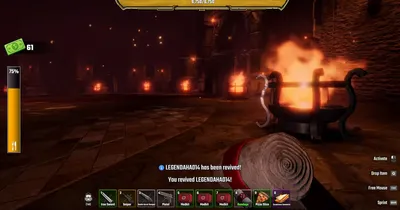 Anubis boss arena with burning braziers and the team revive message shown mid-fight in Last Stop Roblox