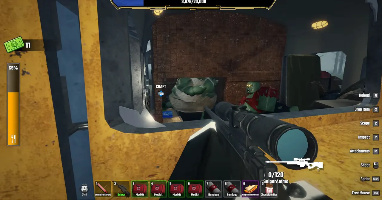 Gameplay de Last Stop en Roblox: un jugador defiende el autobús amarillo de la oleada de zombis de Fred