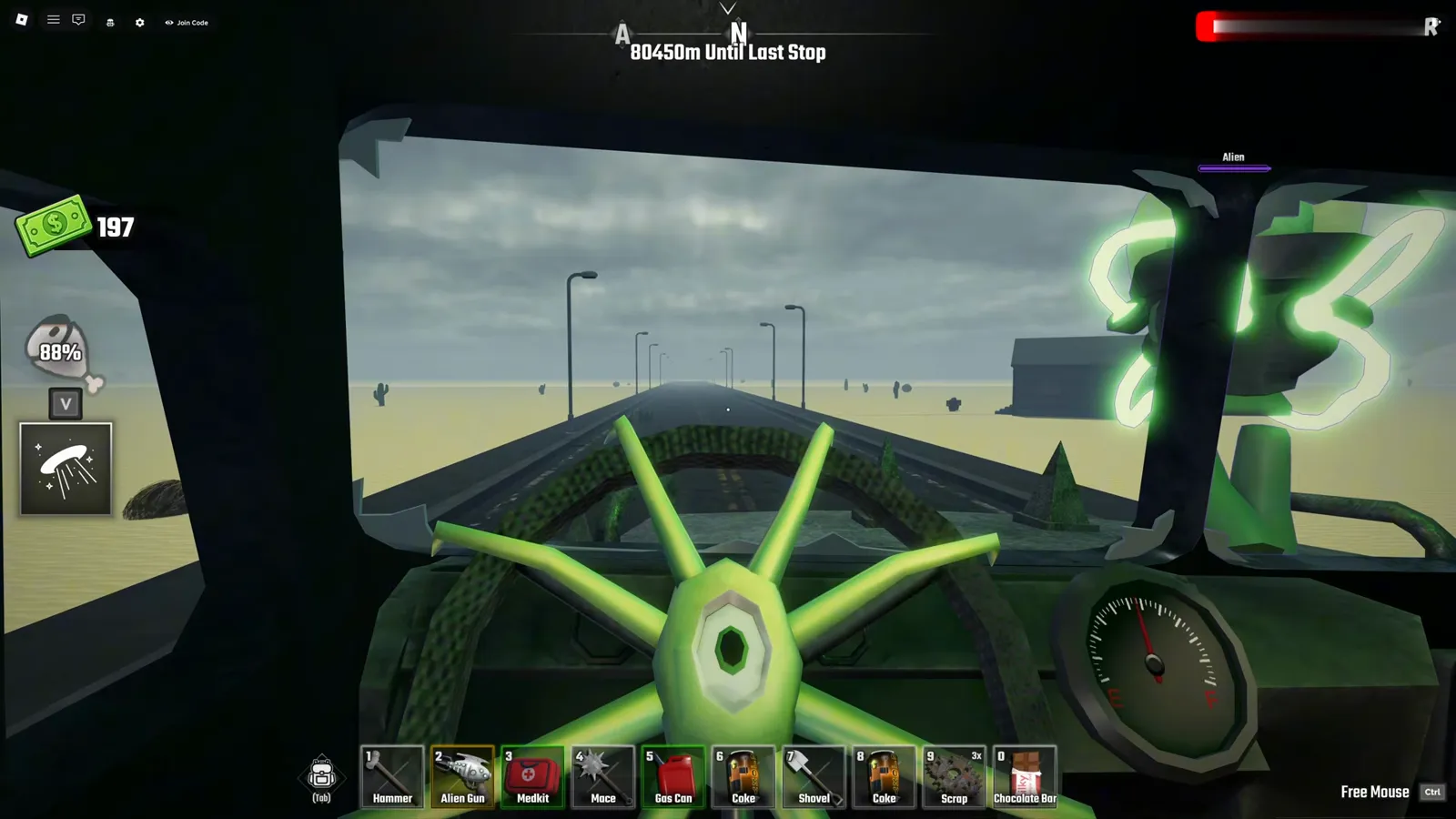 Driving the Alien Bus down a foggy forest road in Last Stop Roblox with the Alien nameplate and its health bar on the window pillar