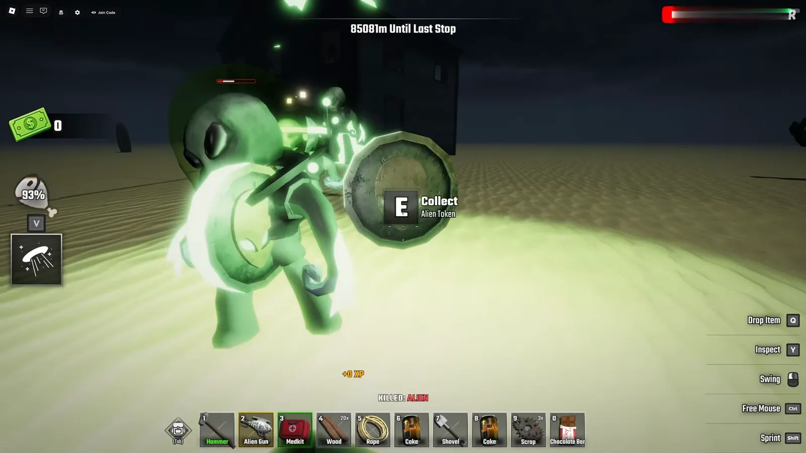 Pressing E on the Collect Alien Token prompt in Last Stop Roblox right after the KILLED: ALIEN message confirms a dead alien dropped its glowing coin pickup