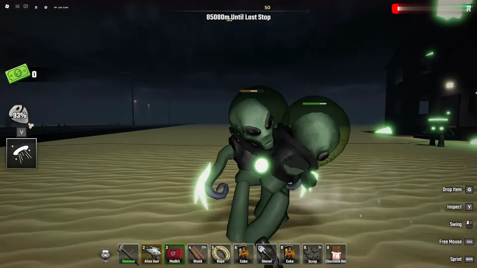 Two helmeted aliens with glowing energy claws rushing the player across desert sand at night in Last Stop Roblox, with the Alien Gun slotted in the hotbar