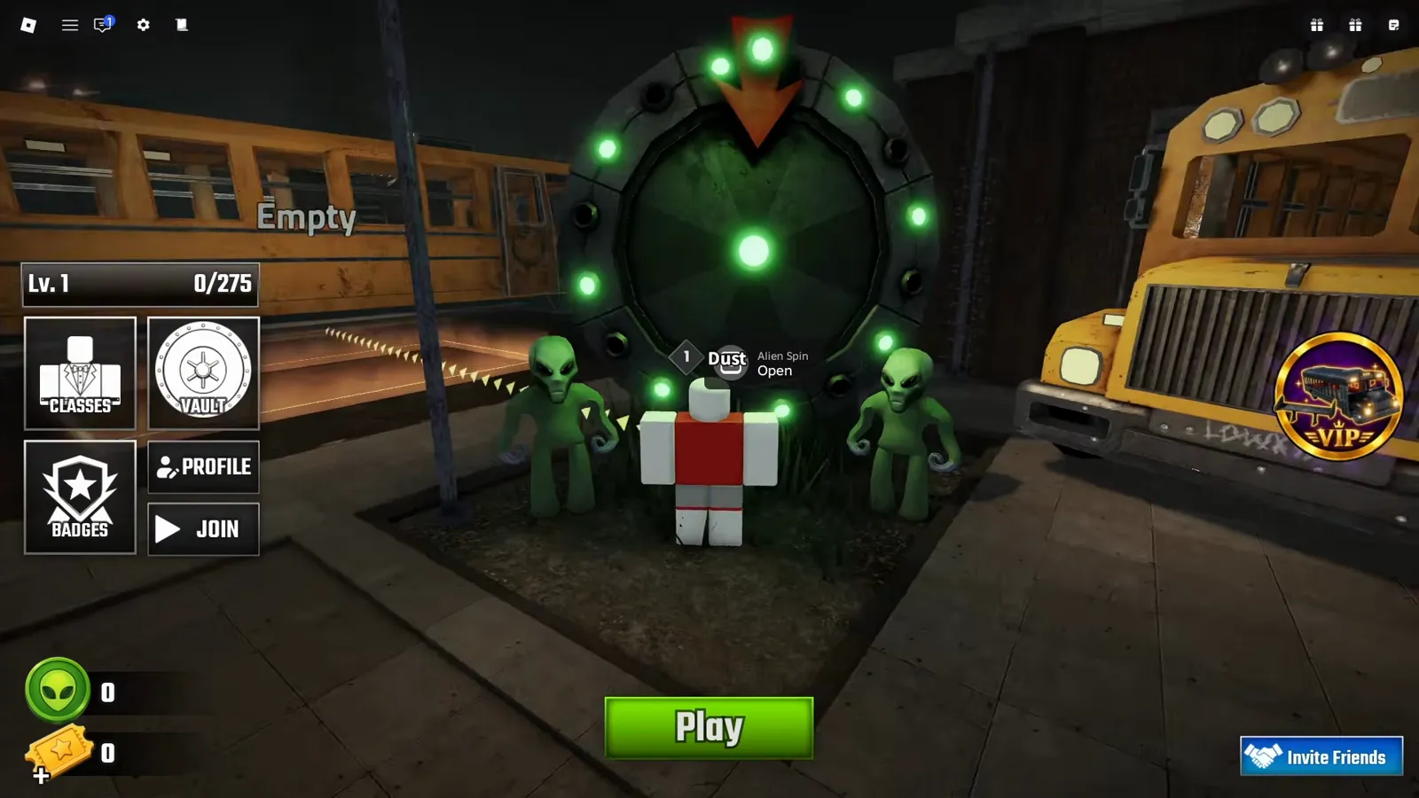 The lobby Alien Spin machine in Last Stop Roblox showing the E Open prompt with the alien token counter and the Tickets counter side by side