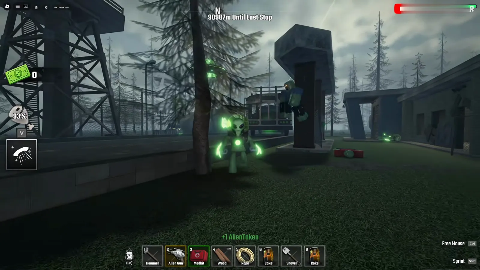 A flying saucer hovering over a forest stop in Last Stop Roblox while the +1 Alien Token toast pops above the hotbar