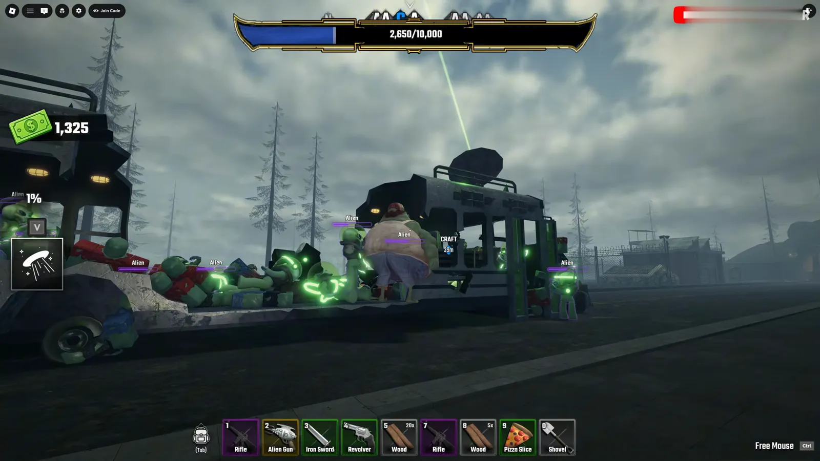 A boss health bar event in Last Stop Roblox where a UFO beam lights up the sky while a whole swarm of Aliens rushes the bus at once