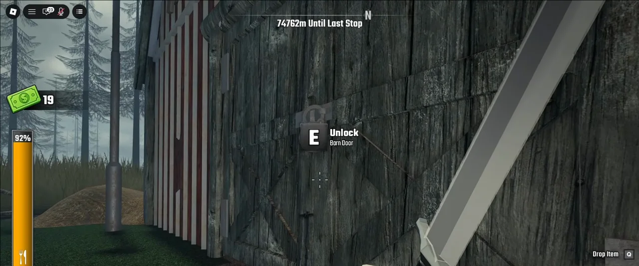 E Unlock Barn Door interaction prompt on the wooden barn door in Last Stop Roblox before the wave defense begins