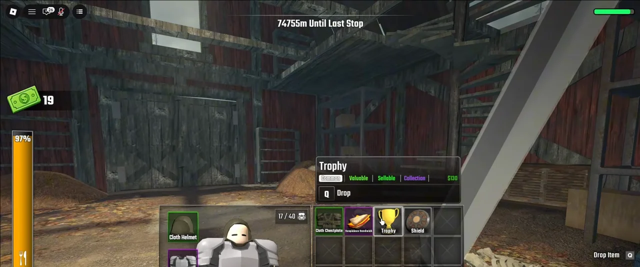 Last Stop Roblox inventory showing the Trophy item card marked sellable at 130 dollars beside a Shield