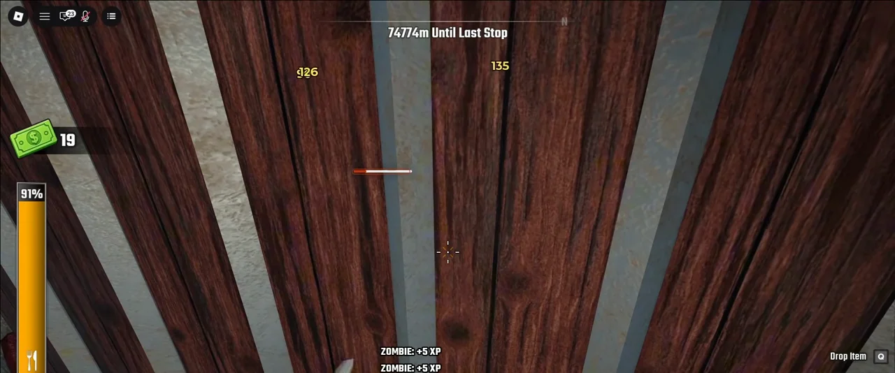 Iron sword melee kill through the barn wall planks scoring 926 damage with a killed-zombie kill feed in Last Stop Roblox