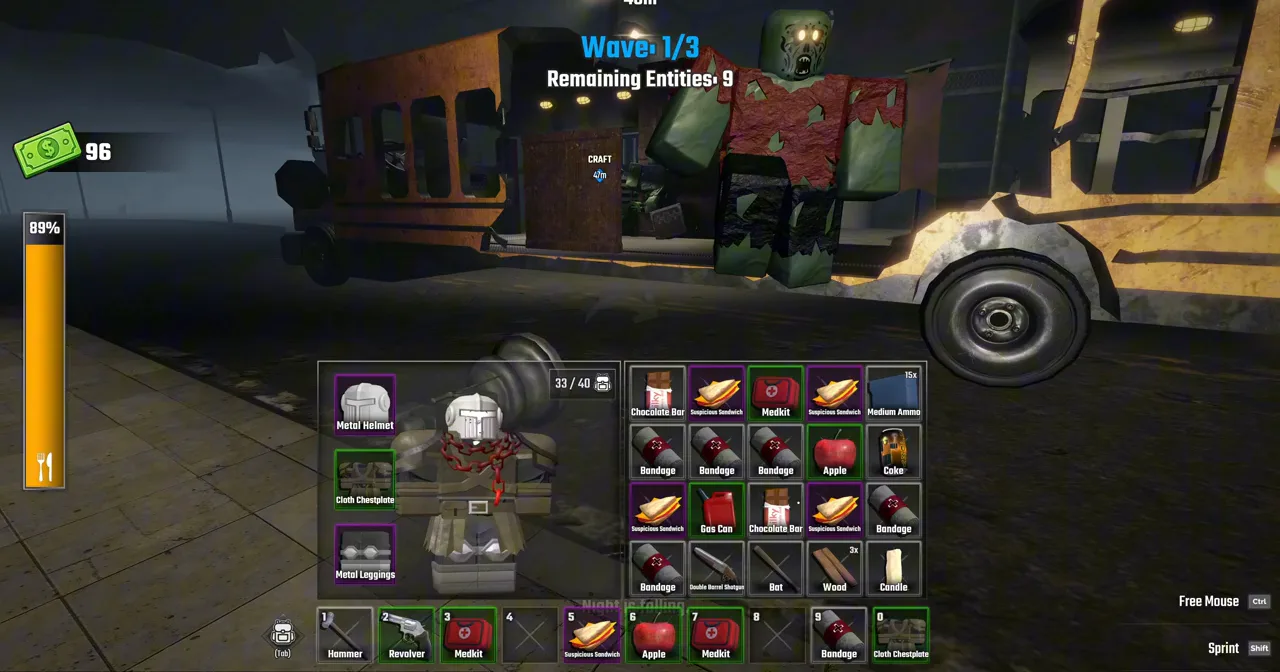 Bus wheel visible during a checkpoint wave in Last Stop Roblox with loot scattered on the ground
