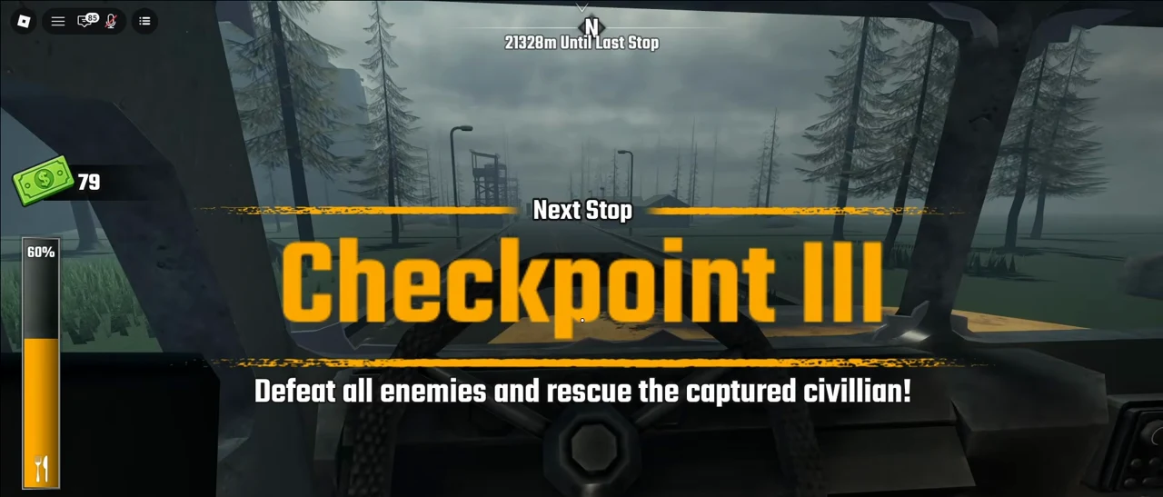 Next Stop Checkpoint III banner on the bus windshield in Last Stop Roblox after the vampire encounter