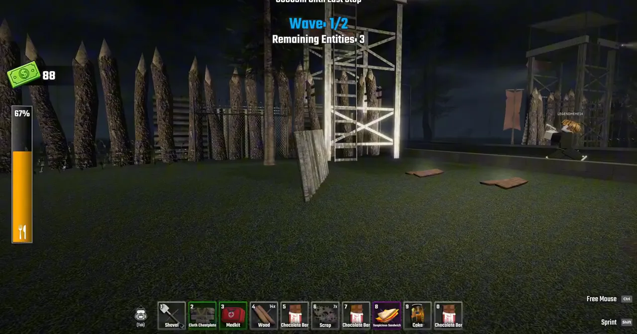 Checkpoint wave defense in Last Stop Roblox with a fire blockade and the wave counter on screen