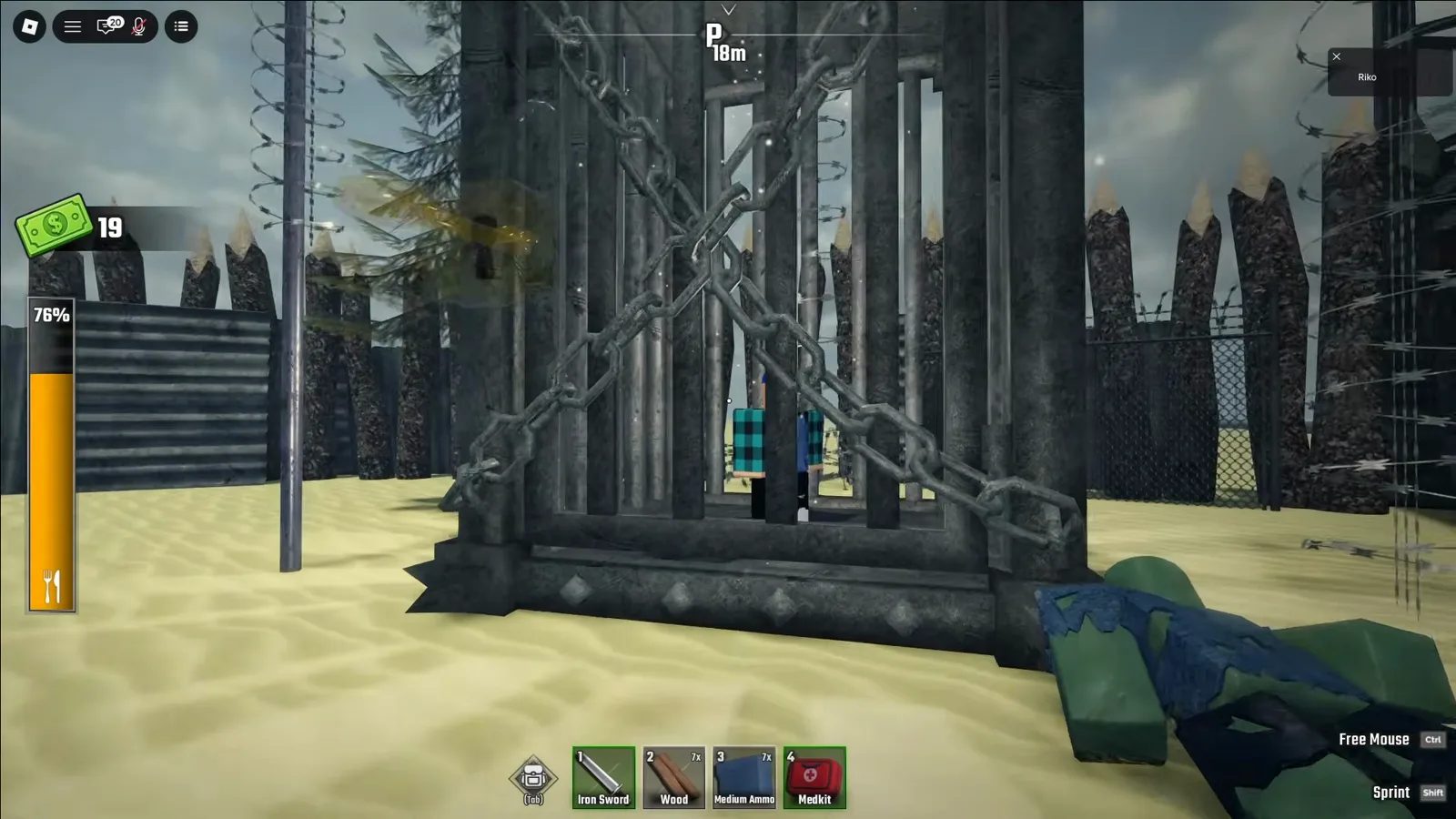 Chained cage holding the captured civilian at checkpoint one in Last Stop Roblox behind barbed wire and sandbag defenses