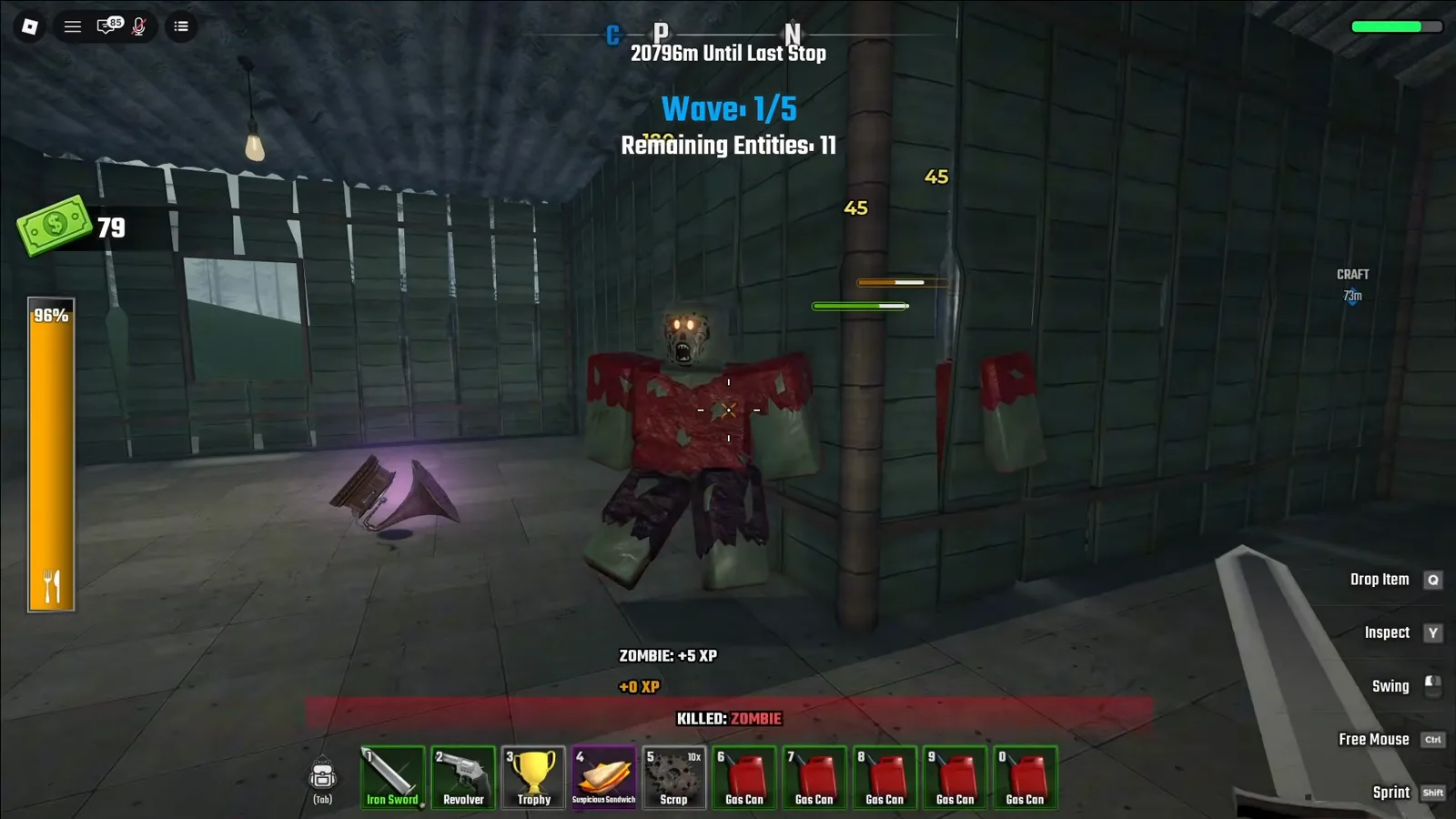 Zombie cornered inside the checkpoint three house in Last Stop Roblox during wave 1 of 5 with the entity counter at 11
