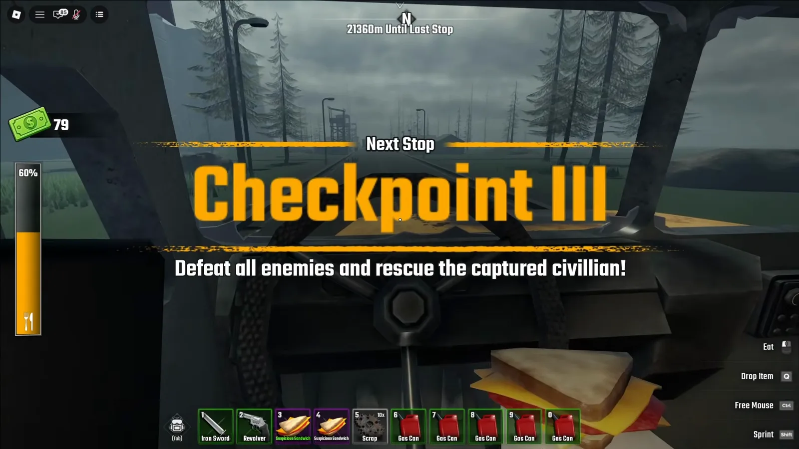Checkpoint III banner on the bus windshield in Last Stop Roblox with the rescue-the-civilian objective