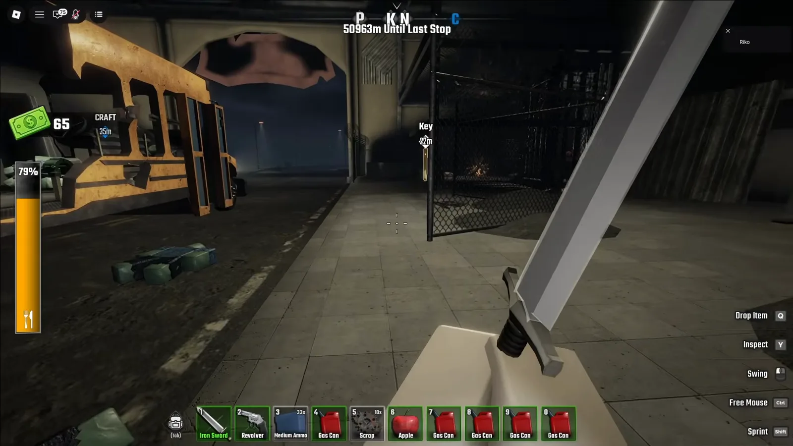 Key waypoint marker floating above the cage gate inside the checkpoint two garage in Last Stop Roblox at night