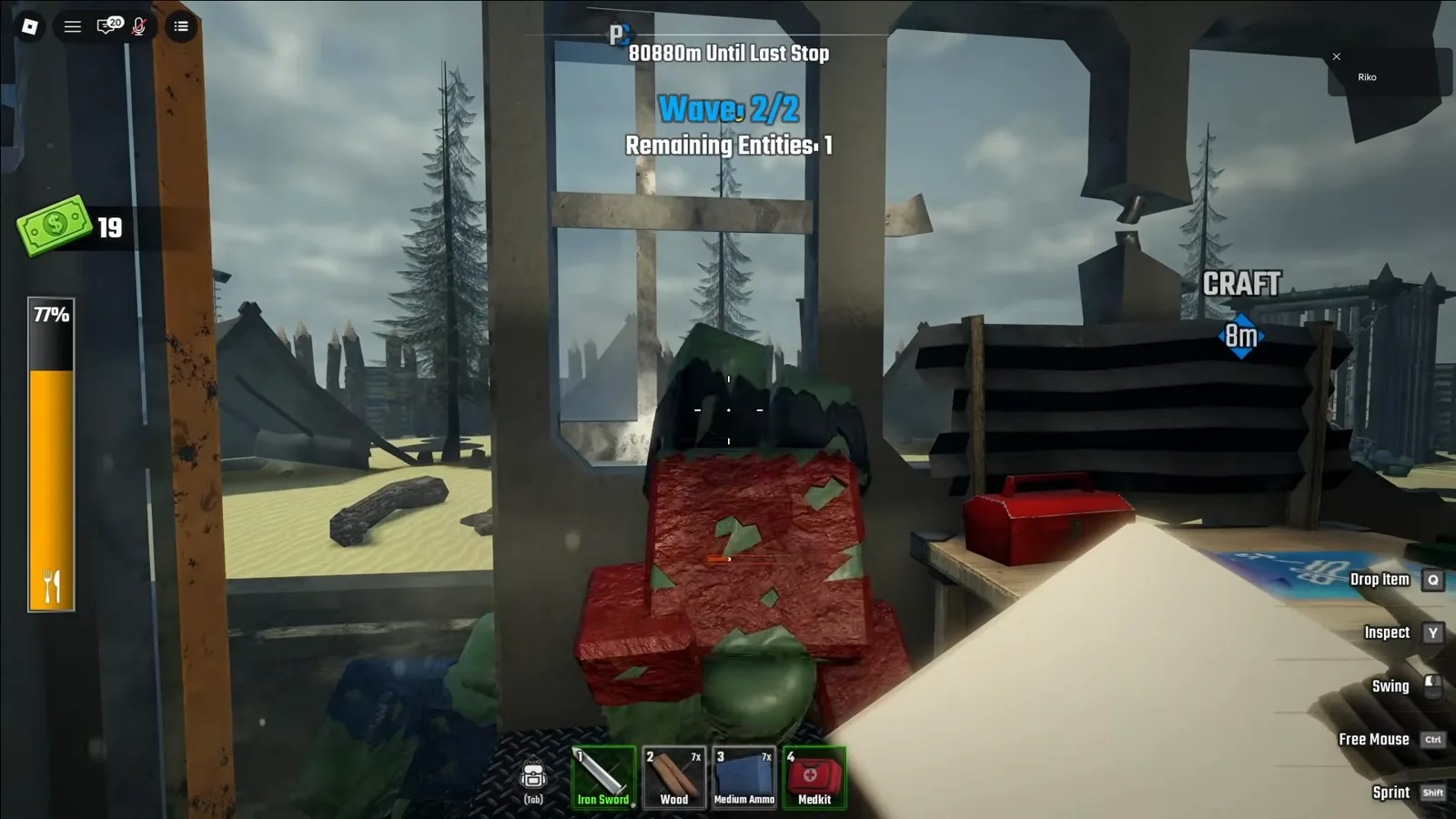Zombie climbing through the bus door at the first checkpoint in Last Stop Roblox during wave 2 with one entity remaining