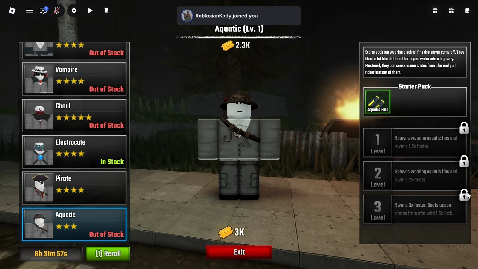 La tarjeta de la clase Aquatic en el menú de clases de Last Stop Roblox, donde una fila Out of Stock deja el precio de 3K Ticket como texto plano sin botón de compra detrás