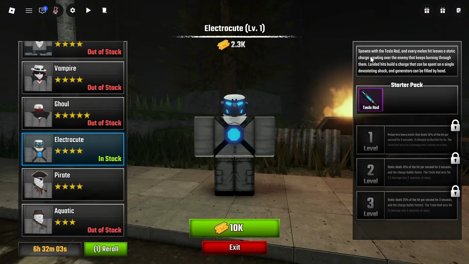 La tarjeta de la clase Electrocute en Last Stop Roblox mostrando la etiqueta verde In Stock en su fila del roster, un botón de compra verde sólido de 10K Tickets, y la Tesla Rod nombrada como su objeto Starter Pack