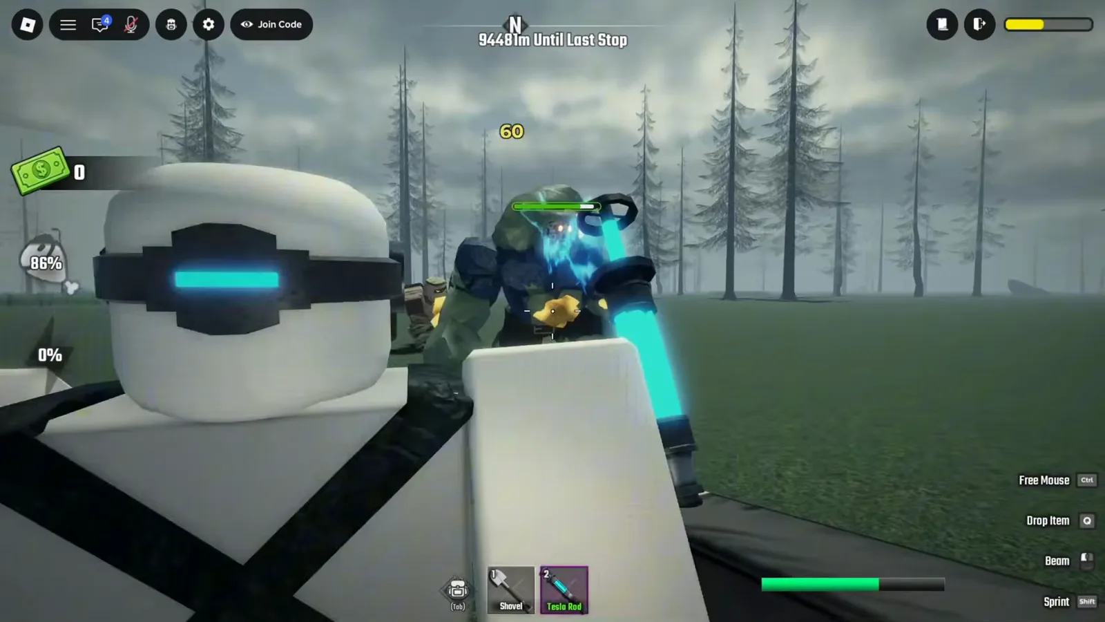 Compañera con el traje blanco y azul de Electrocute en Last Stop Roblox mientras un zombi por delante queda envuelto en estática azul y recibe un golpe de 60 de daño de la Tesla Rod
