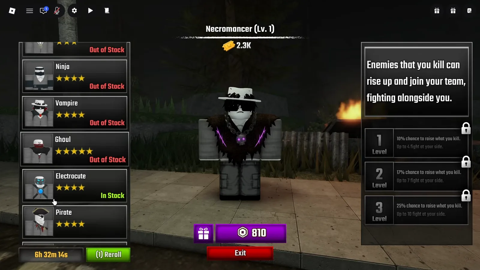 La tarjeta de la clase Necromancer en el menú Classes de Last Stop Roblox, con un botón morado de 810 Robux bajo tres ventajas de Level bloqueadas, junto a una columna de roster desplazable con las entradas de Ninja, Vampire, Ghoul y Electrocute