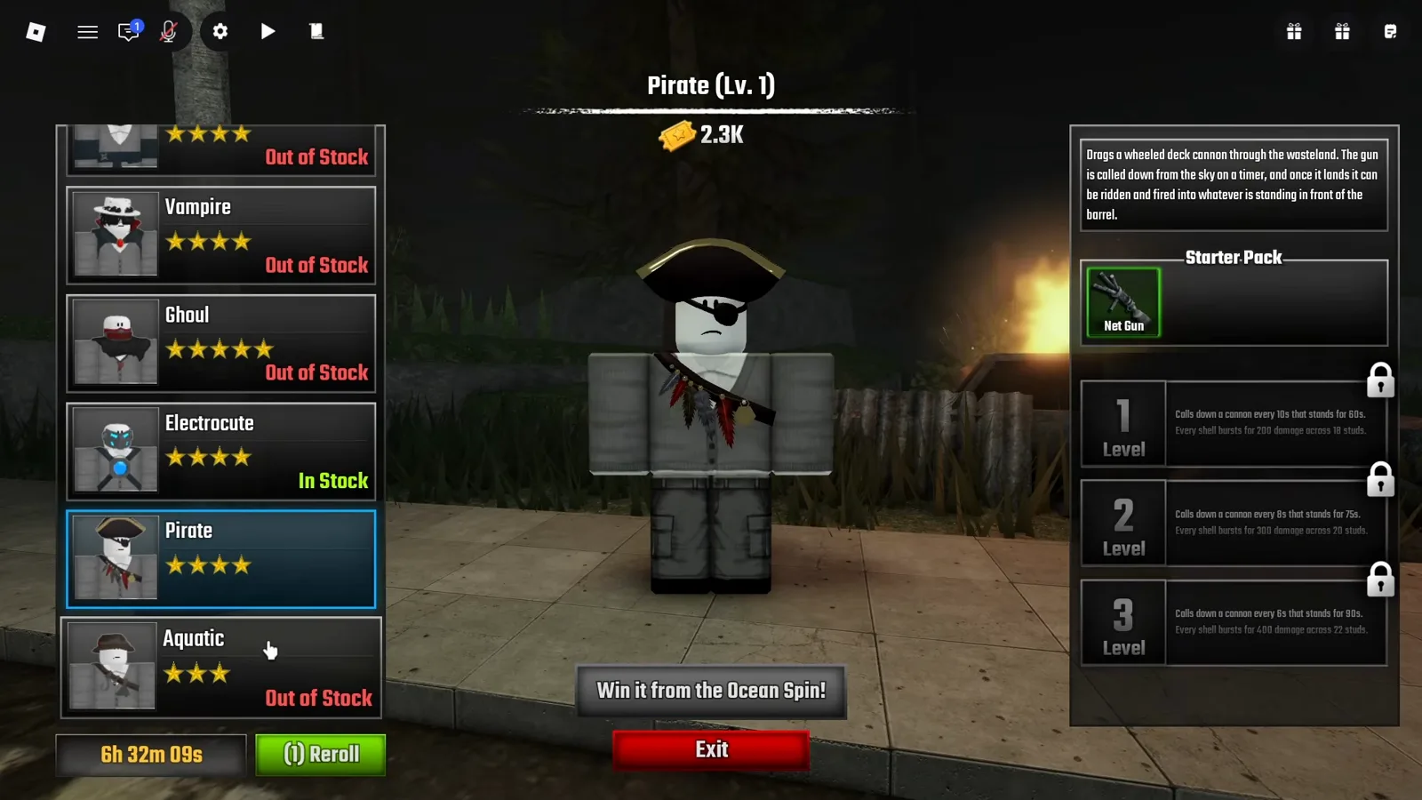 La tarjeta de la clase Pirate en Last Stop Roblox reemplazando el habitual botón de precio por una placa gris que dice Win it from the Ocean Spin! sobre el botón Exit, con una Net Gun listada como Starter Pack