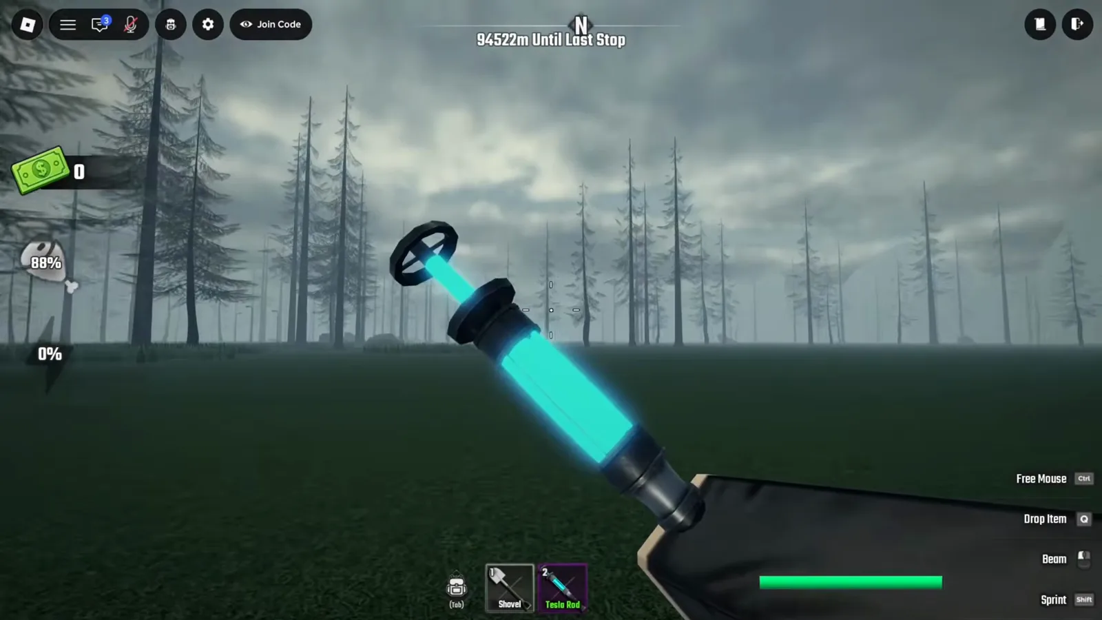 Vista en primera persona de la Tesla Rod brillando en cian en Last Stop Roblox, con el objeto etiquetado Tesla Rod en la casilla 2 del hotbar y una acción Beam listada en el panel de teclas de la derecha