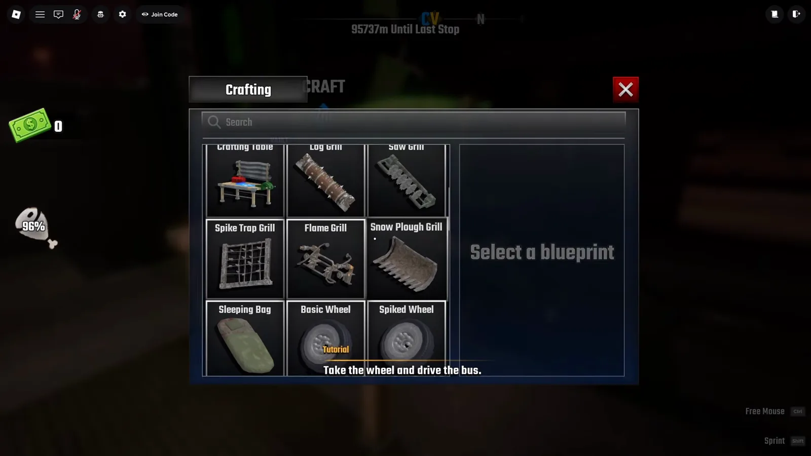 Crafting window in Last Stop Roblox showing the blueprint grid of grills and wheels beside a Select a blueprint placeholder panel