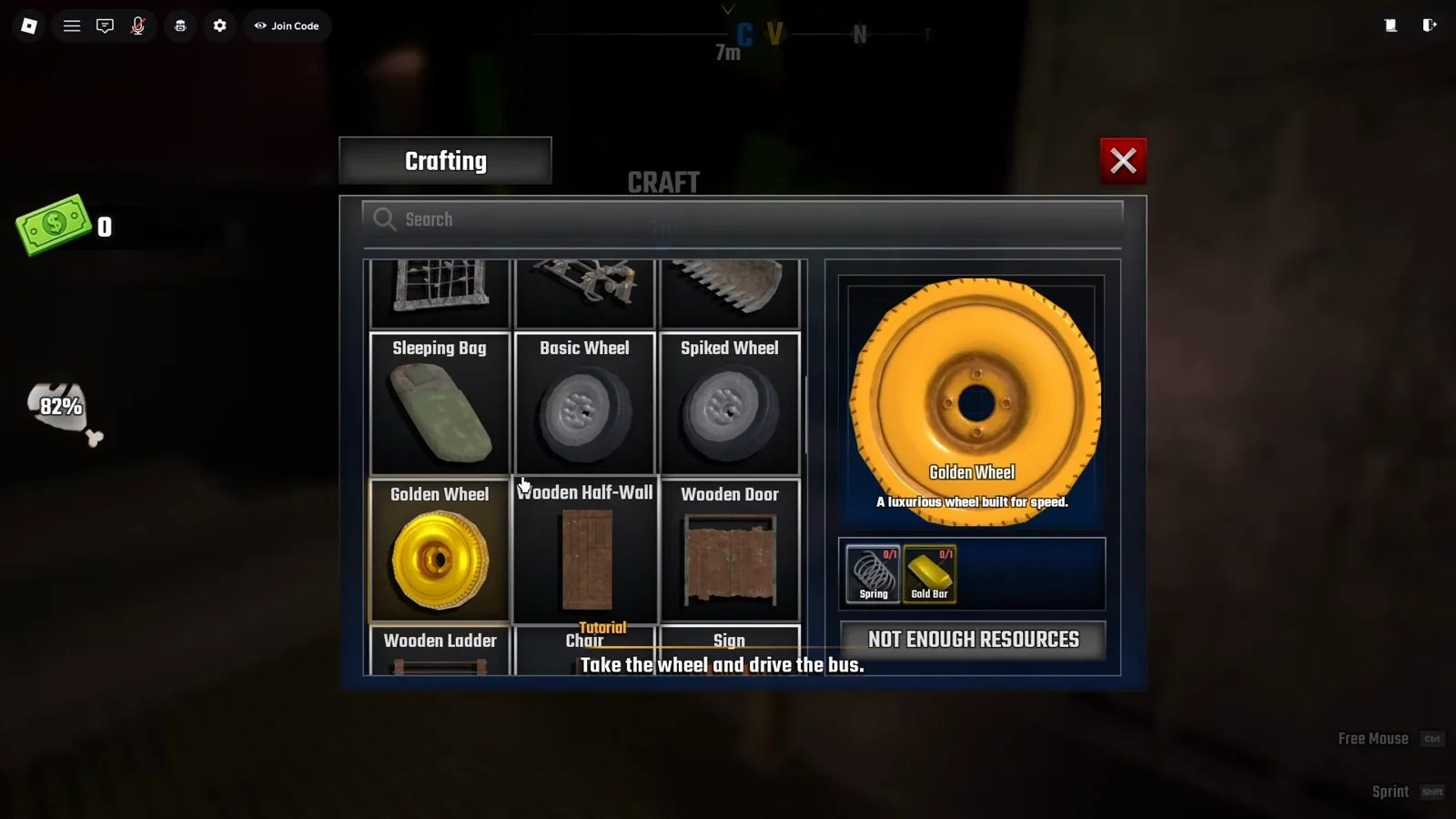 Golden Wheel blueprint in Last Stop Roblox priced at 1 Spring and 1 Gold Bar, described as a luxurious wheel built for speed