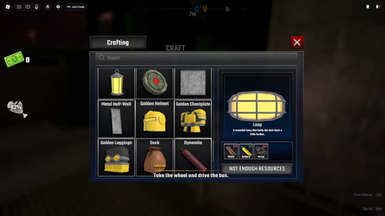 Lamp recipe in Last Stop showing 2 of 1 Batteries gathered while Wood and Scrap stay at zero, so the craft stays blocked
