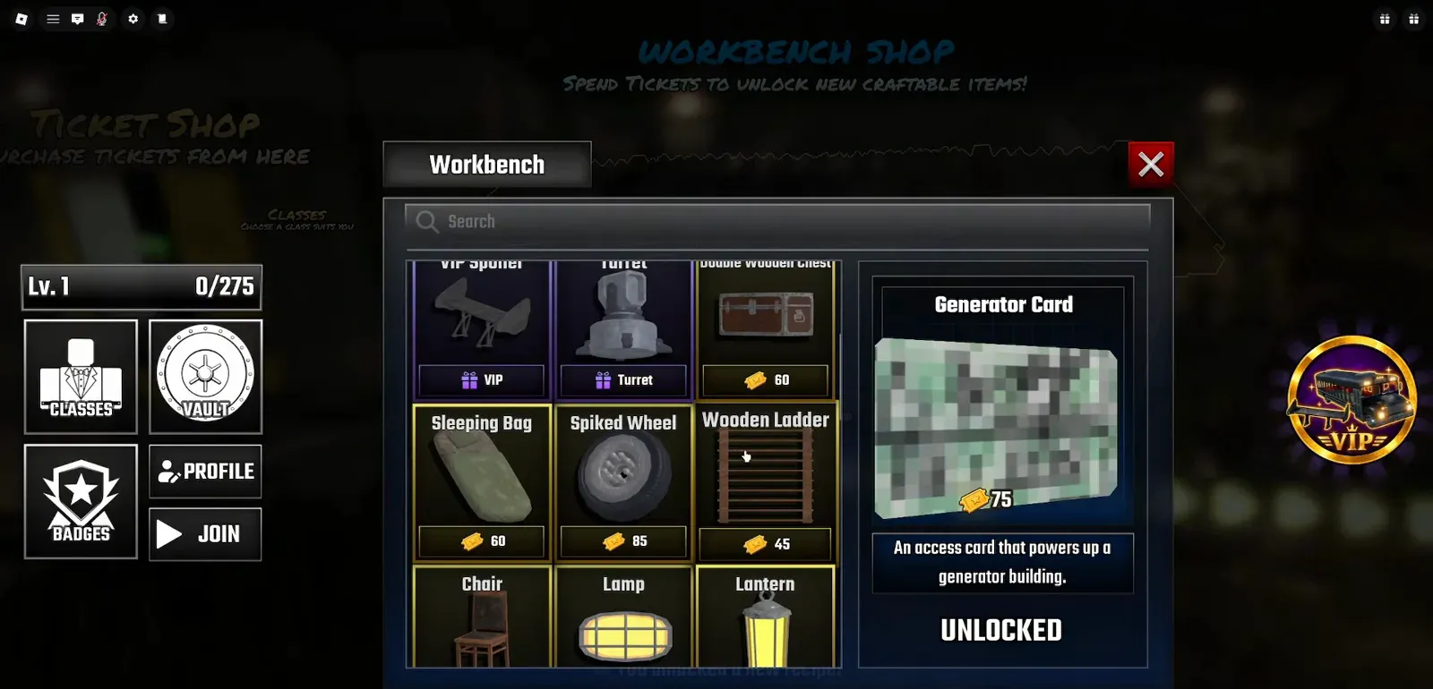 Lobby Workbench Shop in Last Stop Roblox listing Ticket prices such as 45 for a Wooden Ladder and 85 for a Spiked Wheel under a Spend Tickets to unlock new craftable items sign