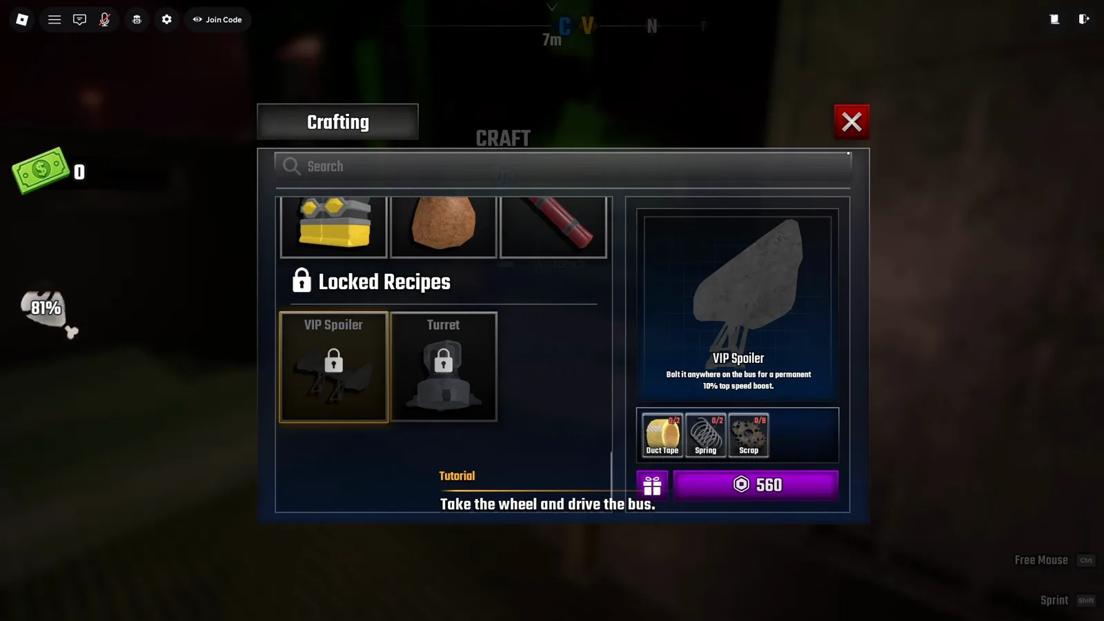 Locked Recipes section of the Last Stop Crafting window with padlocked VIP Spoiler and Turret tiles and a purple 560 purchase button