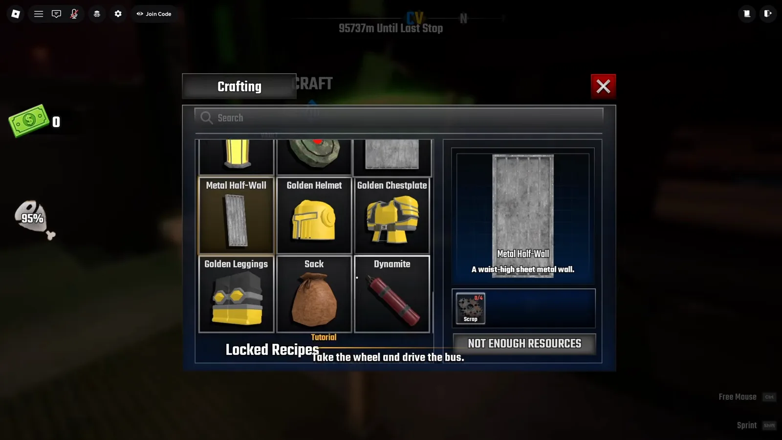 Last Stop workbench blueprint list scrolled to Metal Half-Wall, a waist-high sheet metal wall that costs 4 Scrap