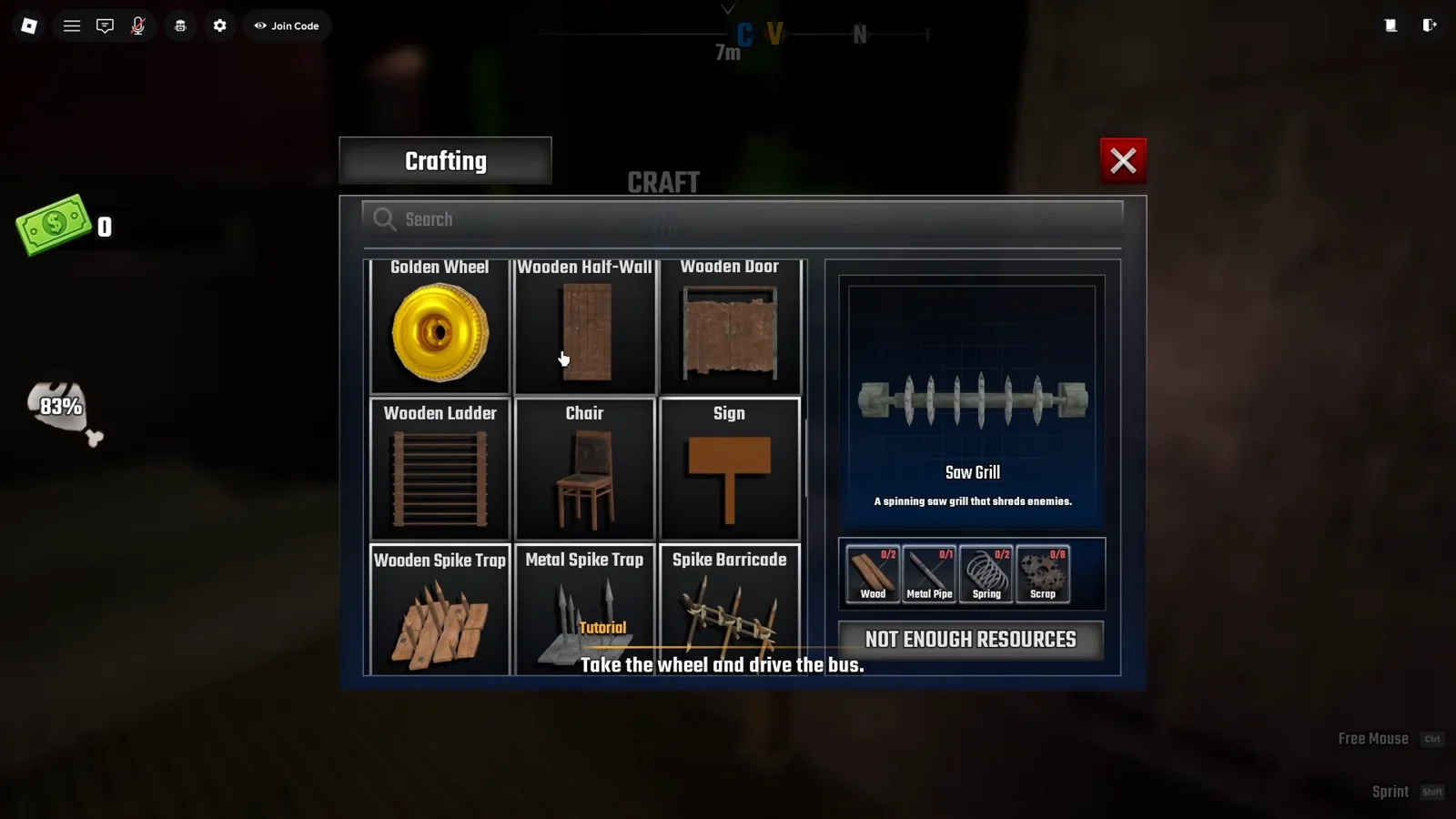 Four-material recipe for the Saw Grill in Last Stop, needing 2 Wood, 1 Metal Pipe, 2 Springs and 8 Scrap before the CRAFT button unlocks
