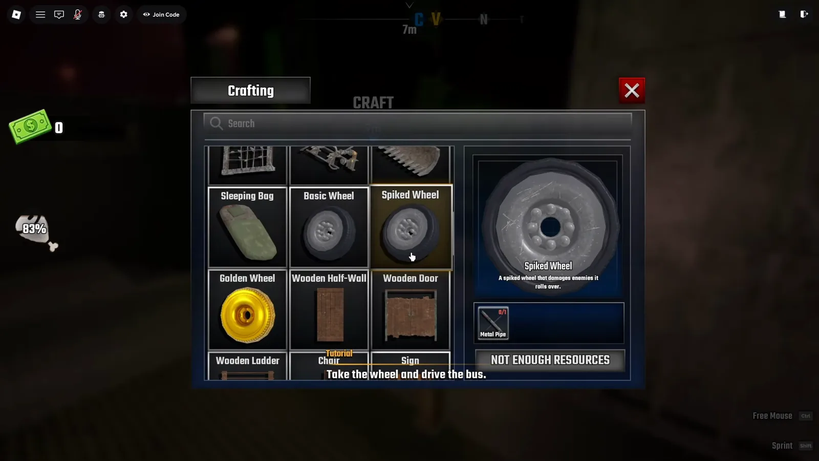 Spiked Wheel highlighted in the Last Stop Crafting window with its single Metal Pipe cost and the line about damaging enemies it rolls over