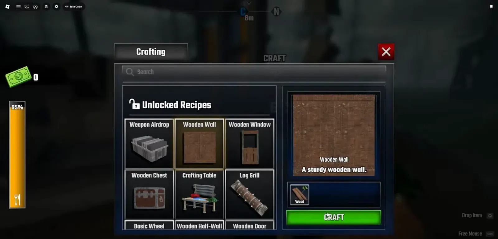 Wooden Wall selected in a Last Stop crafting menu with 8 of 4 Wood held, turning the grey button into a green CRAFT button