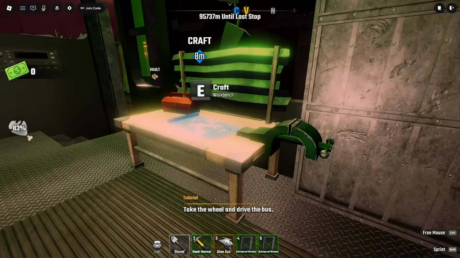 Last Stop Roblox Crafting Table standing on the bus floor with the E Craft Workbench prompt and a CRAFT 8m marker above it