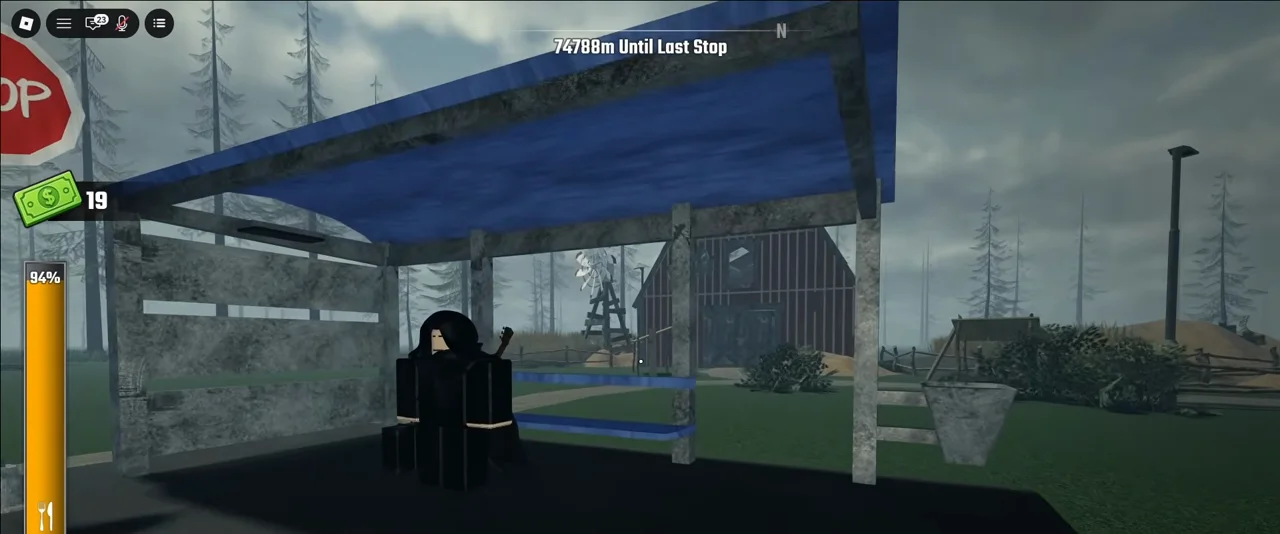 Black-suited NPC with a briefcase under the shed in front of the red barn at the Town stop in Last Stop Roblox