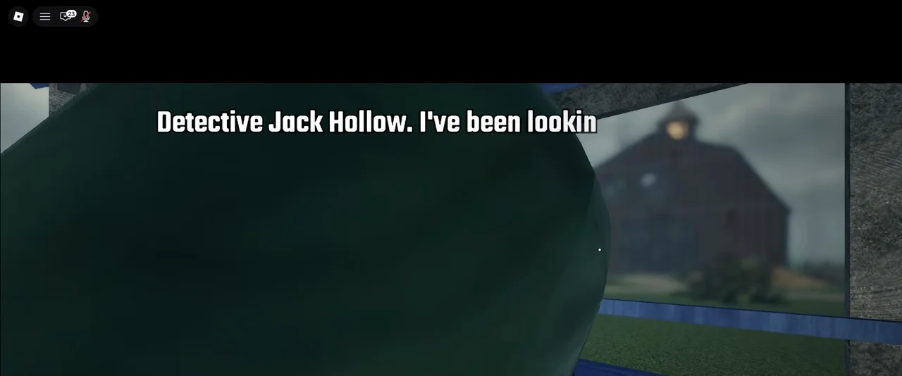 Detective Jack Hollow dialogue card at the barn in Last Stop Roblox with the red barn visible through the window