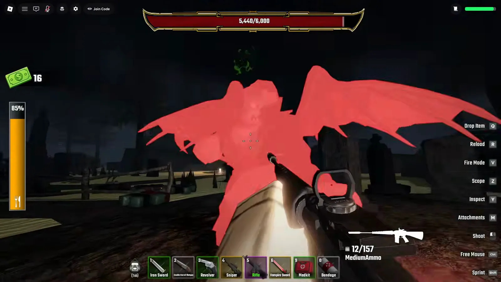 Dracula glowing red in front of his 5,440 out of 9,000 boss bar during the graveyard fight in Last Stop Roblox