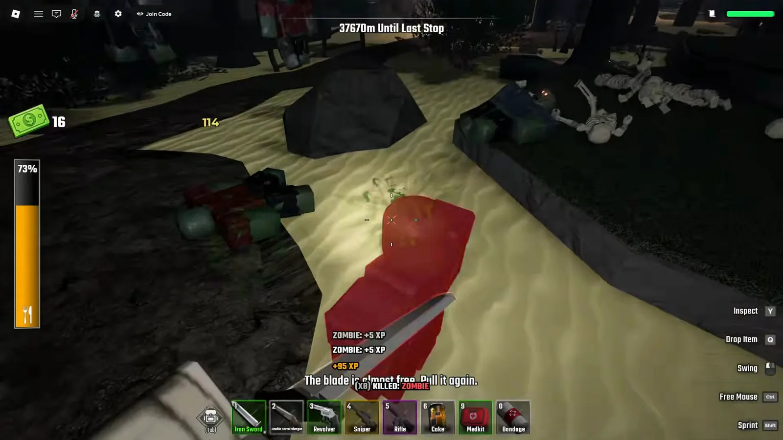 System message reading The blade is burning from Cursed Hand again over the red-lit graveyard path in Last Stop Roblox