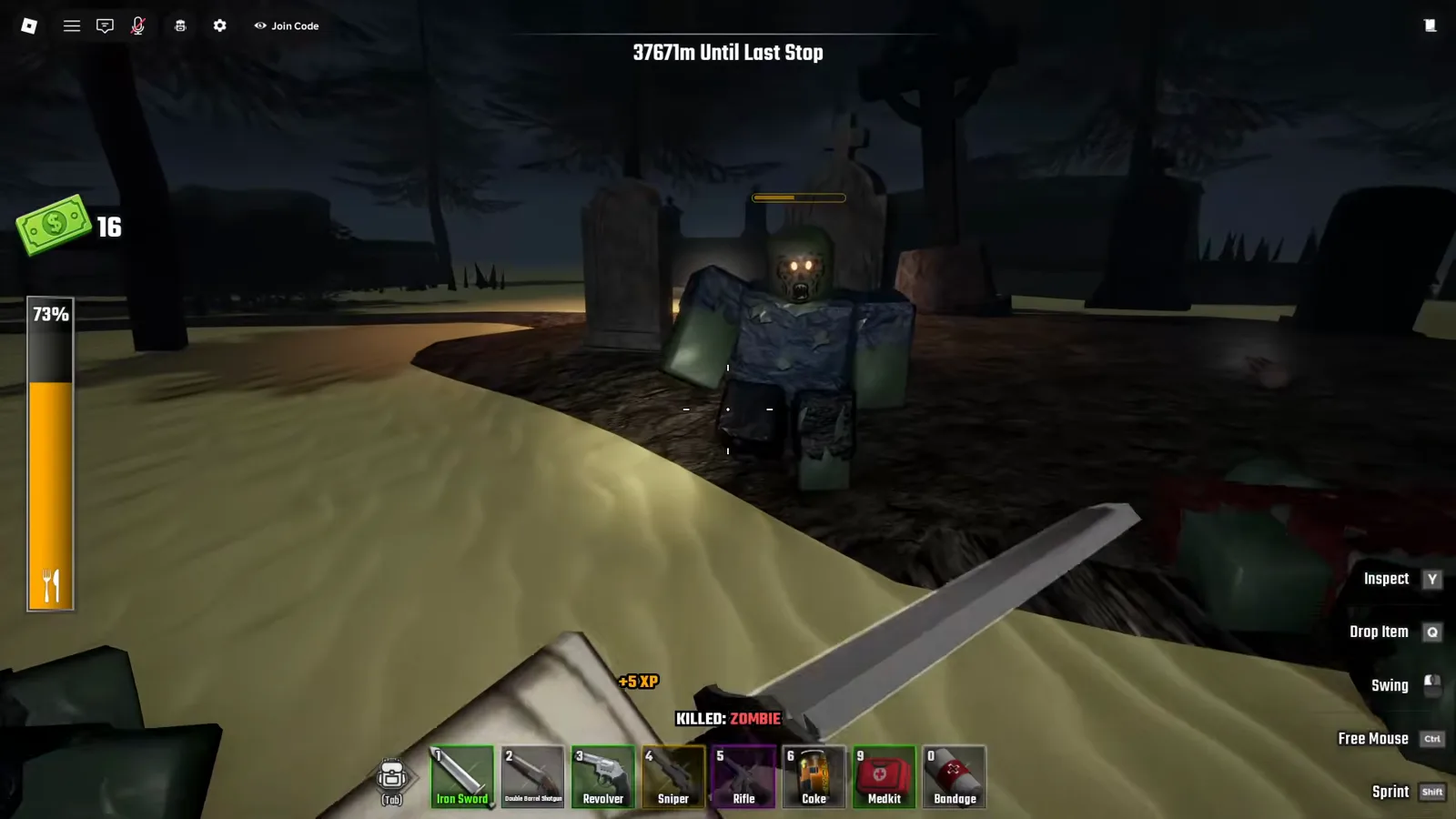 Gravestone terraces of the Last Stop Roblox graveyard at night while the player walks the sand path with an iron sword before the Dracula fight
