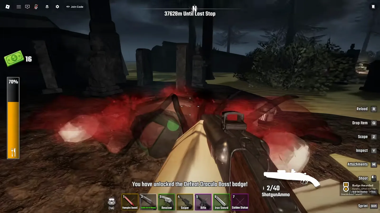 As dawn breaks over the graveyard, the Defeat Dracula Boss badge unlock toast appears in Last Stop Roblox