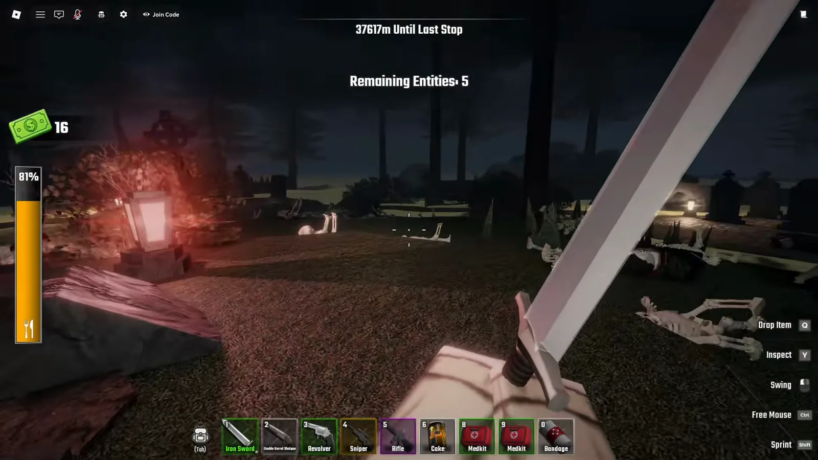 Skeleton wave attacking the player beside a burning shrine in the Last Stop Roblox graveyard with the Remaining Entities counter at five