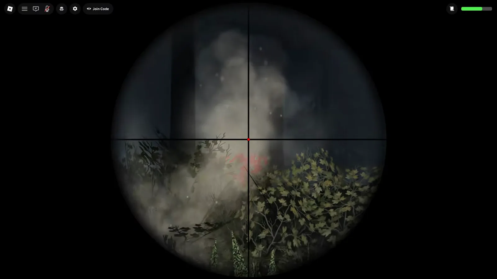 Sniper scope view over the graveyard with muzzle smoke and a red glow mid-fight against Dracula in Last Stop Roblox