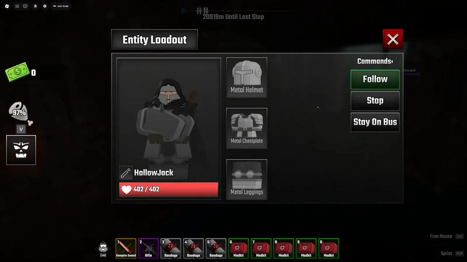 Entity Loadout panel in Last Stop Roblox showing HollowJack at 402 of 402 health with Follow, Stop and Stay On Bus commands and metal armor slots