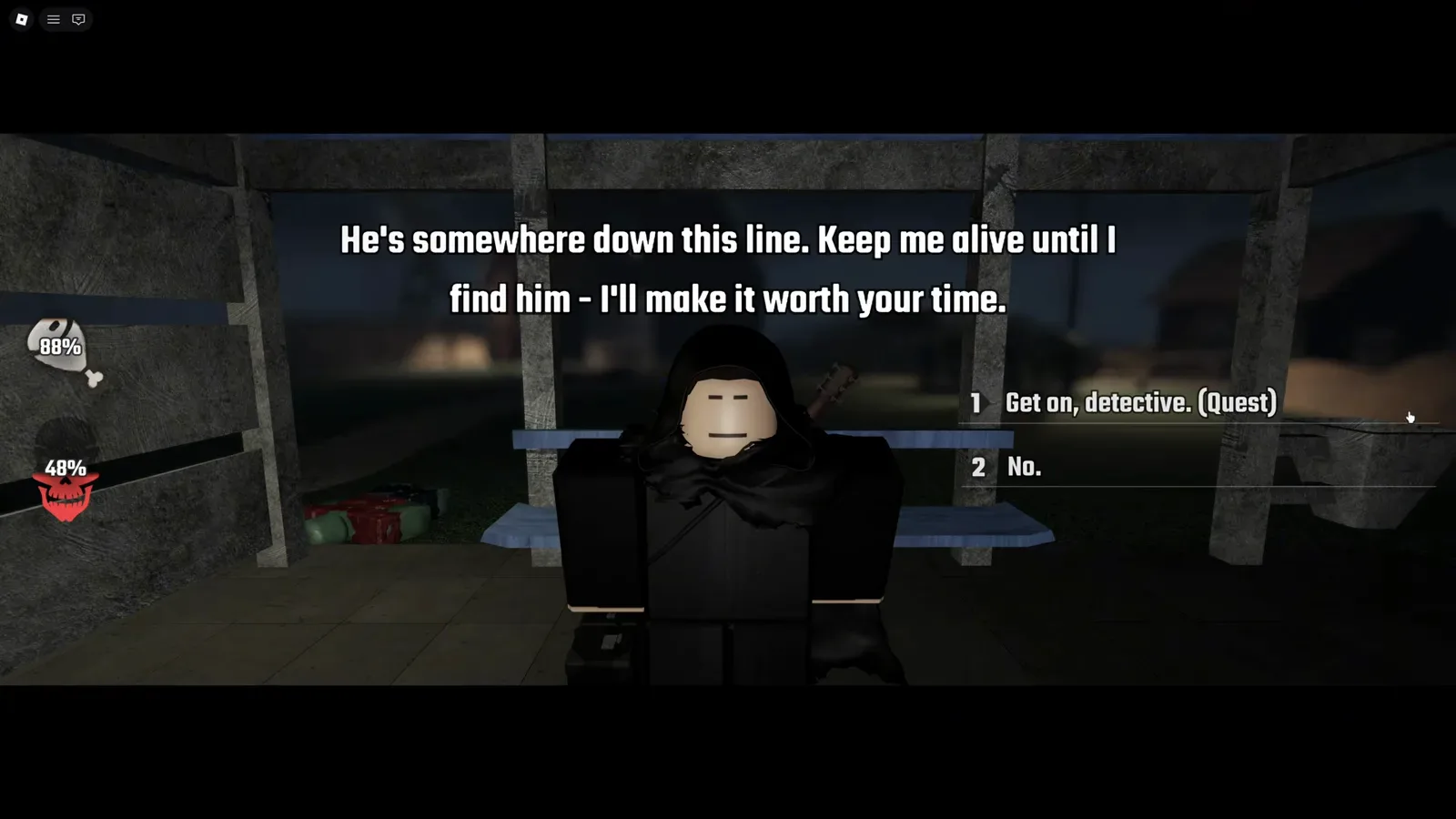 Detective Jack Hollow dialogue at the barn asking to be kept alive until he finds Fred, with the Get on detective quest option and No reply shown in Last Stop Roblox