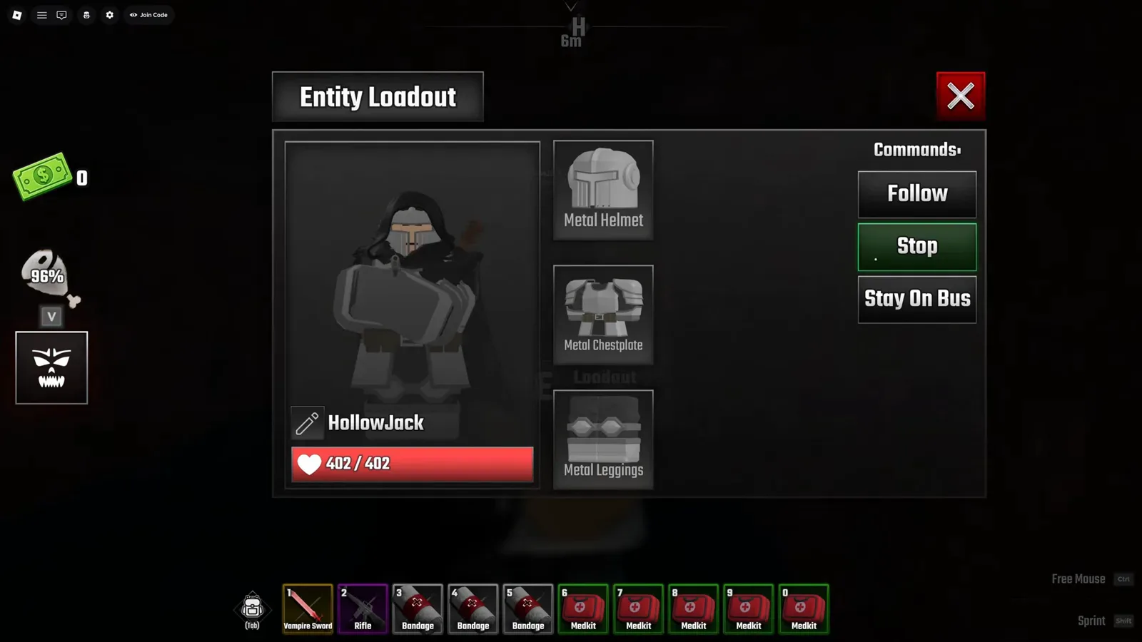 Stop command highlighted green in the Entity Loadout menu while the HollowJack companion holds position in Last Stop Roblox