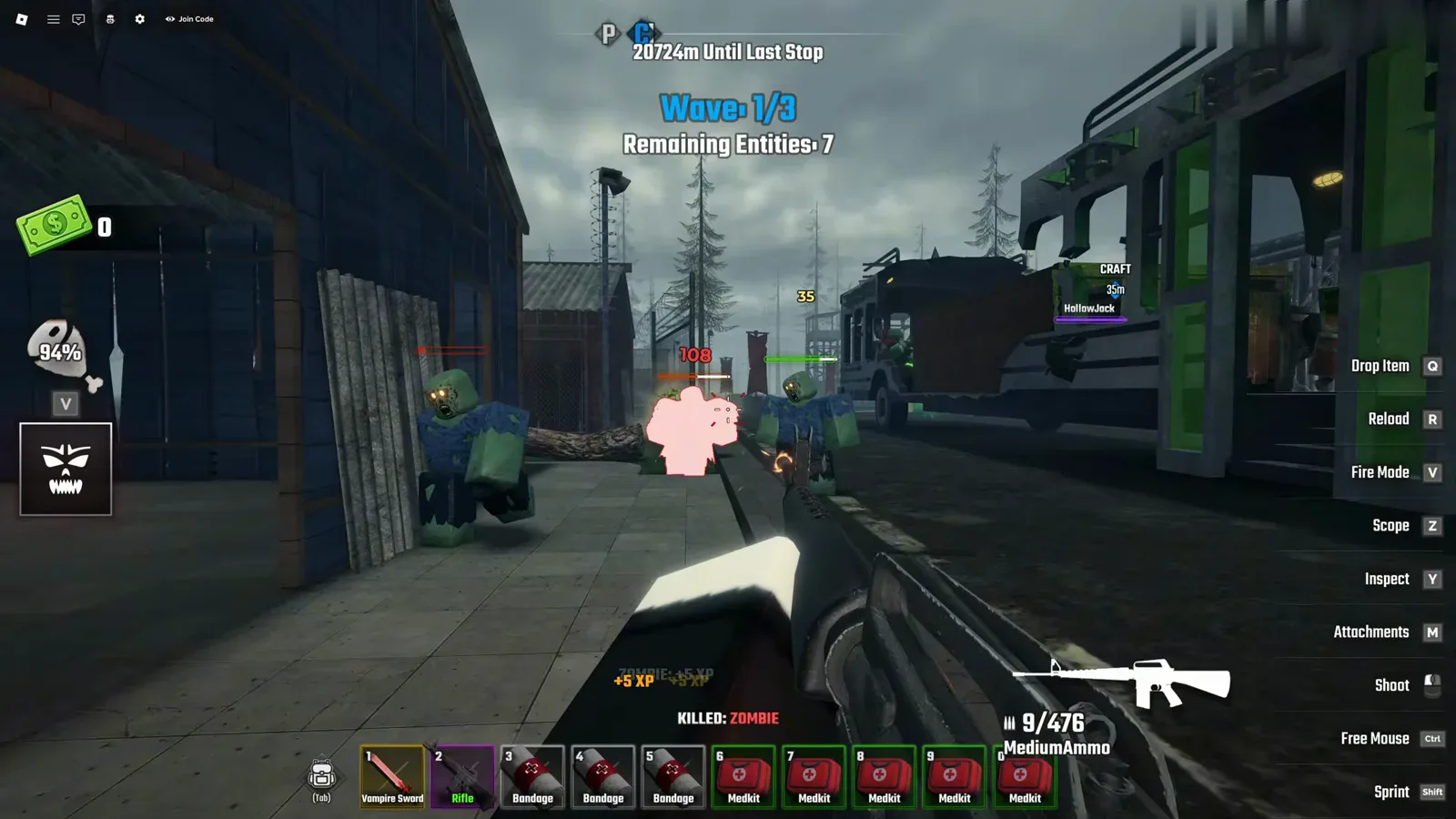 Wave 1 of 3 counter over the street fight at a daytime stop with seven remaining entities in Last Stop Roblox