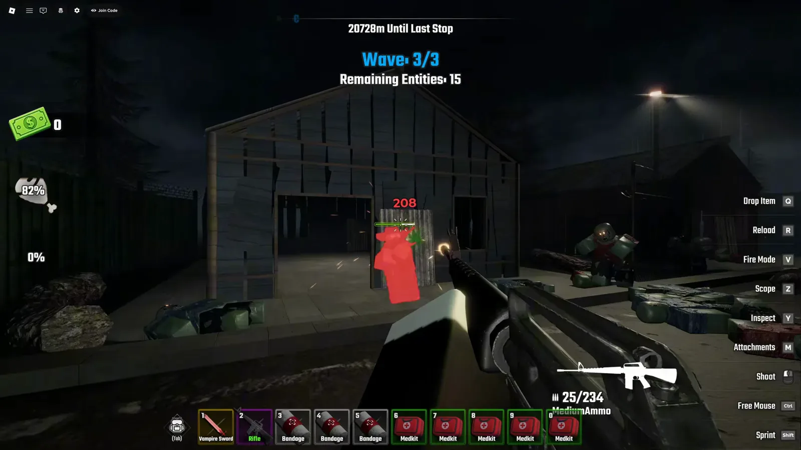 Night defense at wave 3 of 3 with fifteen entities remaining and a rifle shot landing 208 damage in Last Stop Roblox