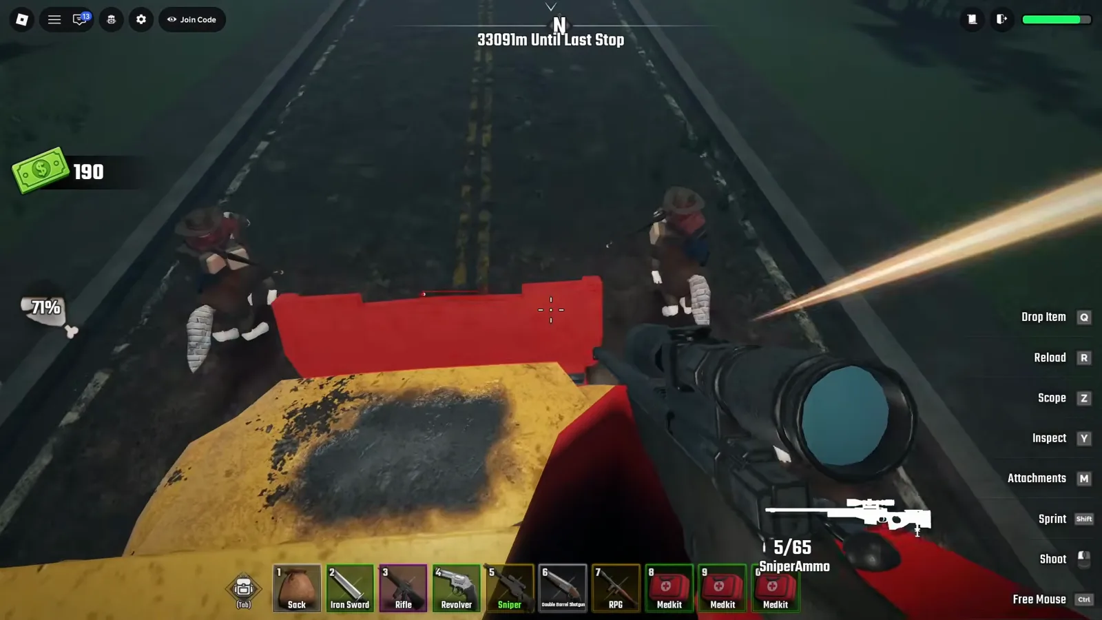 Two cowboy-hatted bandits riding horses pressed against the player's bus hood while the roof sniper holds 5/65 SniperAmmo in Last Stop Roblox