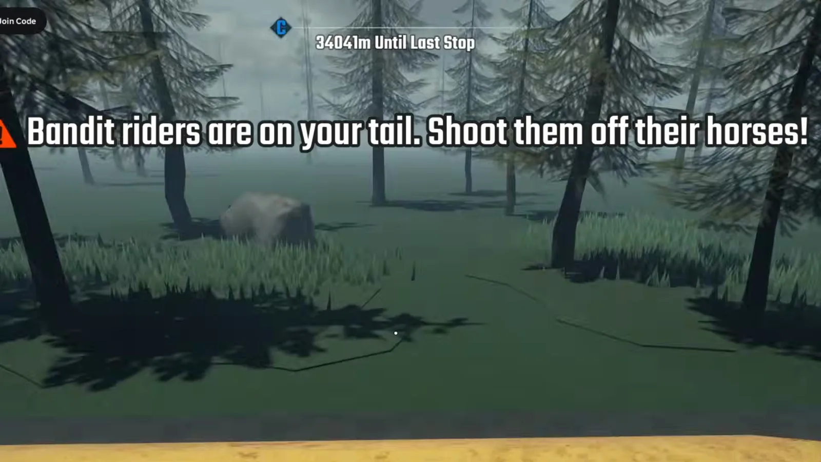 In-game Last Stop Roblox banner warning Bandit riders are on your tail. Shoot them off their horses! stretching across a foggy forest road under the 34041m Until Last Stop distance counter